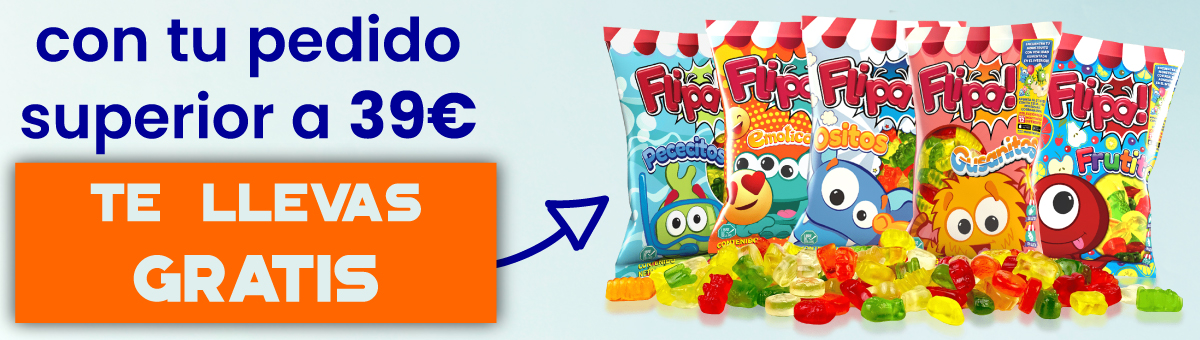 Llévate gratis con tu pedido superior a 39 euros una bolsa de gominolas sin azúcar Flipa de sabores variados